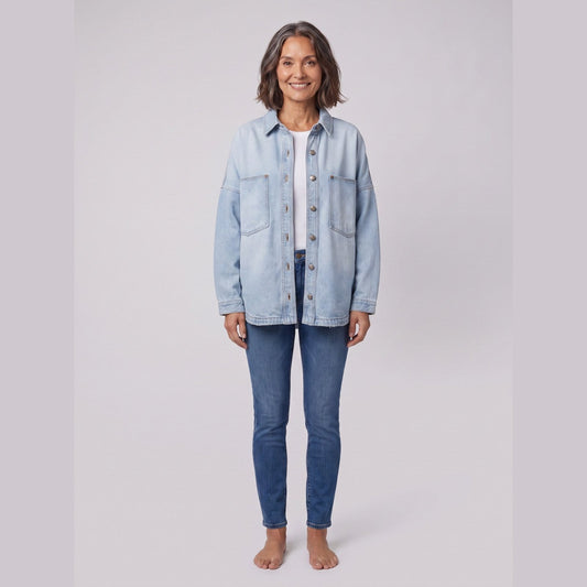 Addison Denim Shirt Jacket in Light Blue - worn by a model, front view
