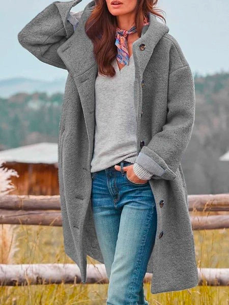 Audrey Soft Brushed Coat in Grey - worn by a model outdoors