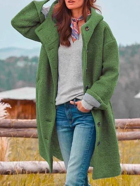 Audrey Soft Wool Blend Coat in green - worn by a model outdoors