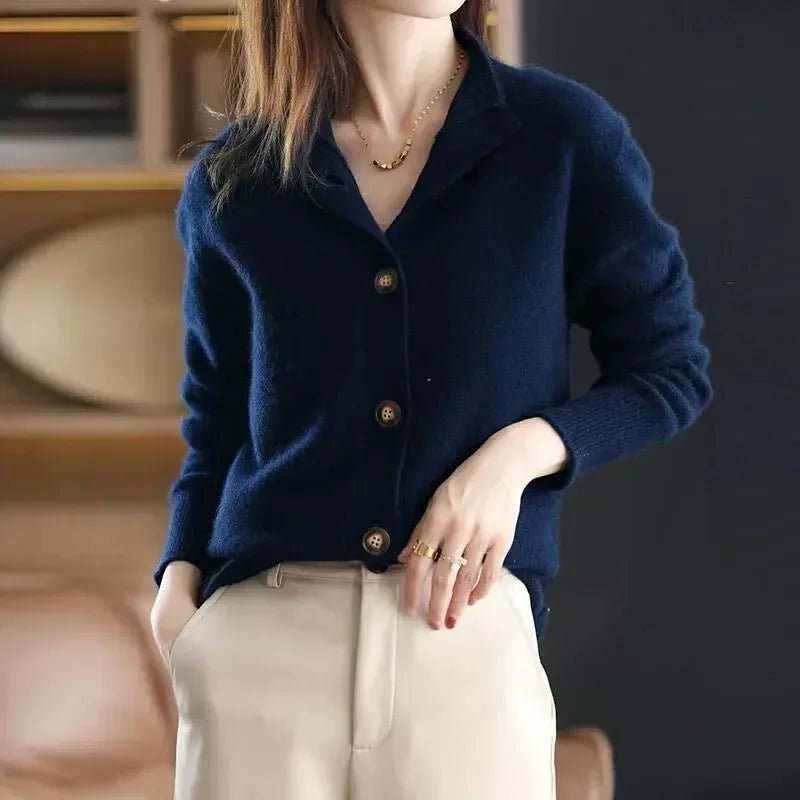 Avelyn Stand Collar Cardigan in navy blue - front view