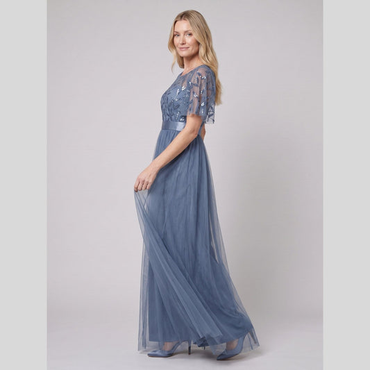 Azura Sequin Bodice Tulle Maxi Dress in Dusty Blue - front view