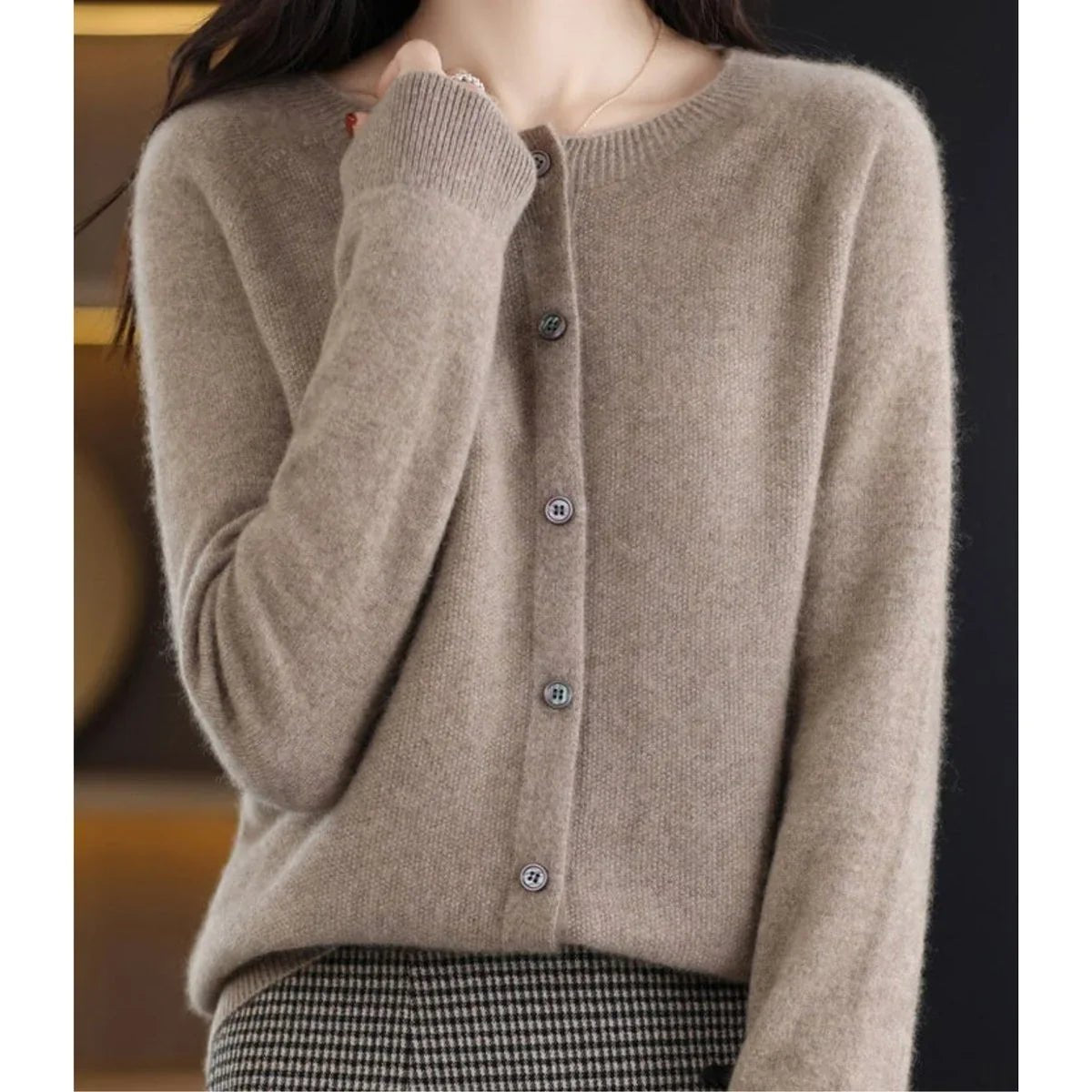 Button Front Crew Neck Sweater in gray - front view