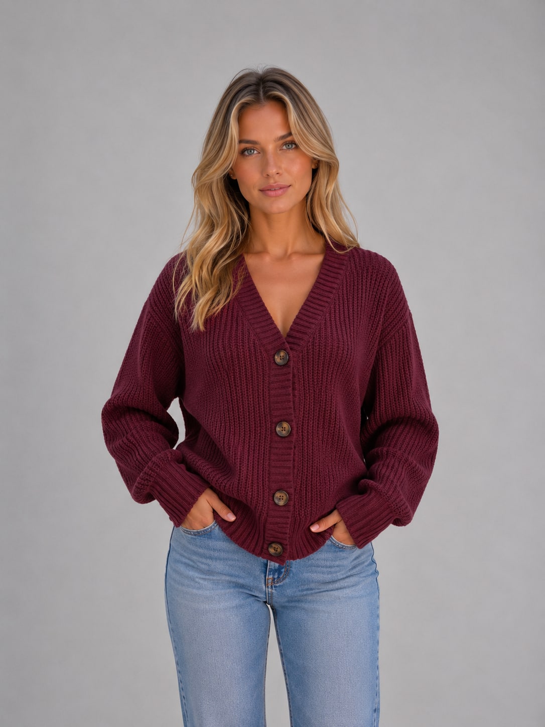 Bordeaux chunky knit button cardigan with V-neck 10