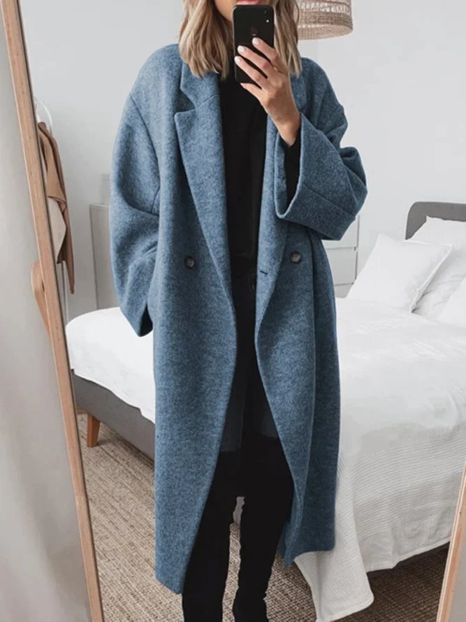 Celeste Oversized Wool Blend Long Coat in blue - worn by a model, front view