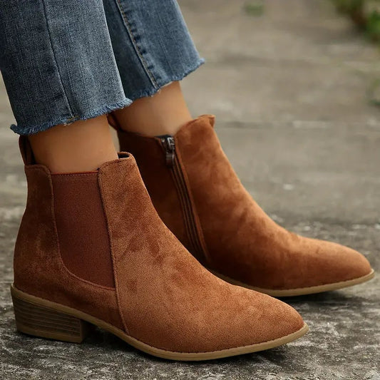Brown Chelsea boots, front and side view with elastic panel 2