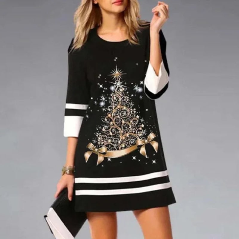 Black Christmas dress with gold tree print 5