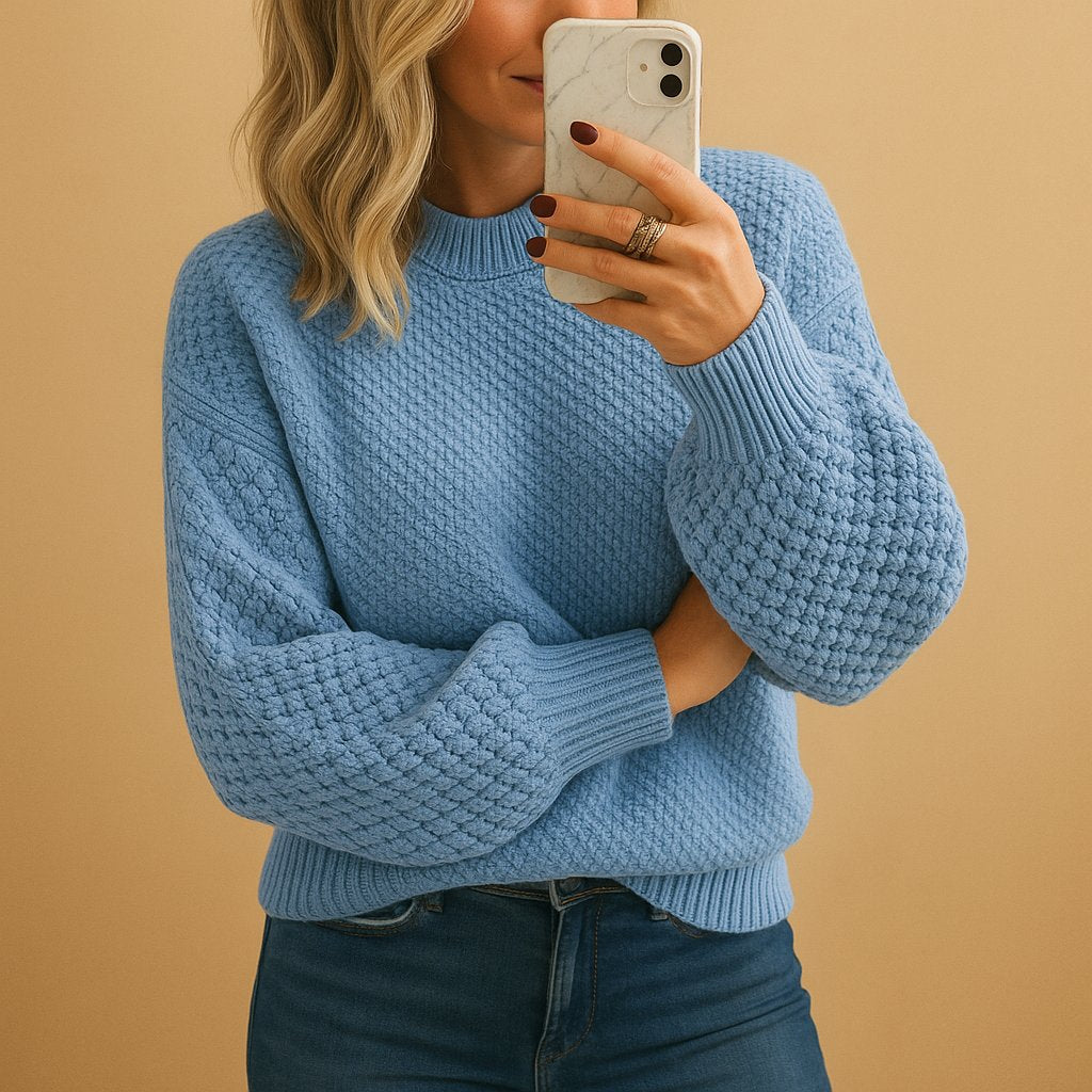 Chunky Knit Crew Neck Sweater in light blue - worn by a model, front view