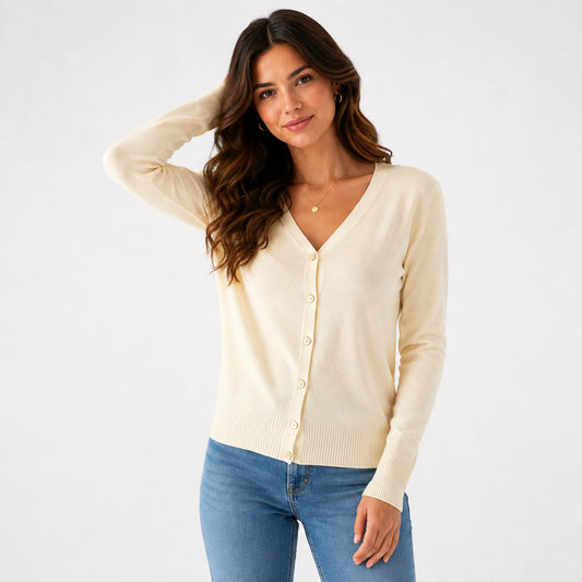 V-Neck Button Cardigan, Classic Soft Knit with Ribbed Hem 2