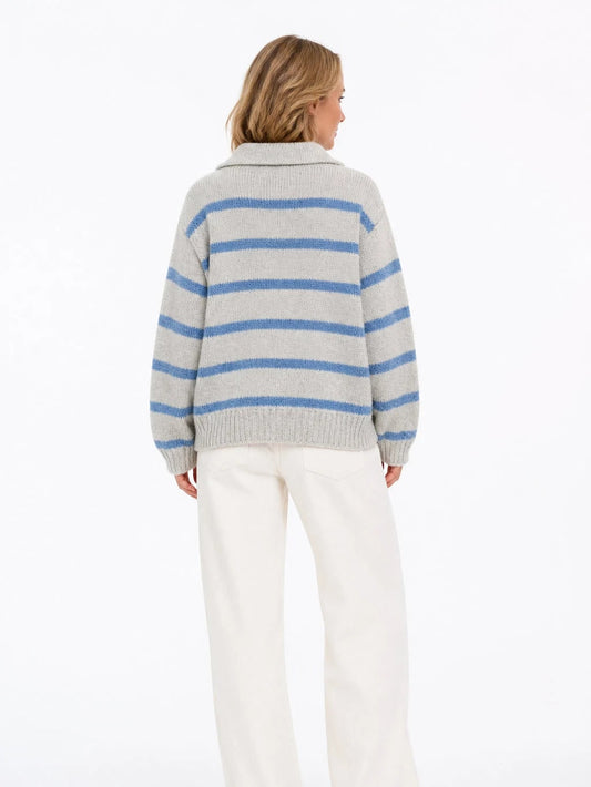 Back of the grey and blue striped knit sweater 2