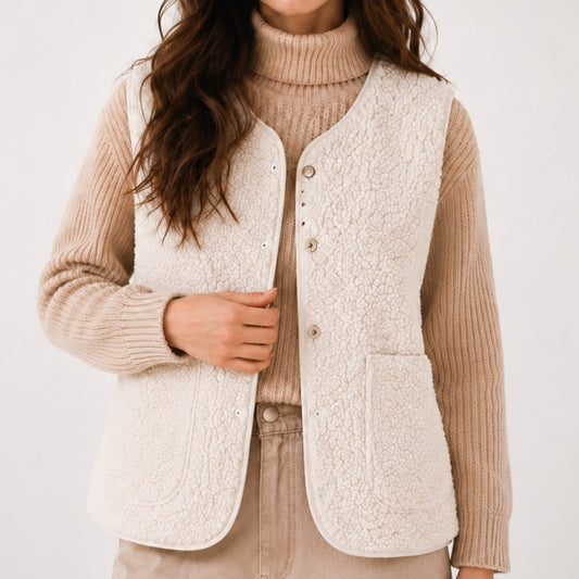 Close view of the beige teddy vest with small buttons and a large patch pocket