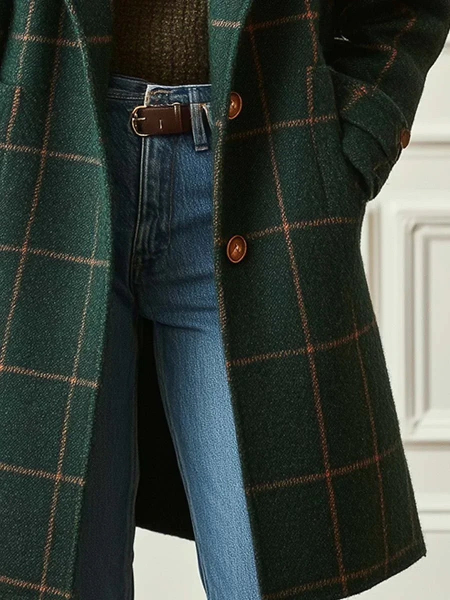 Deirdre Plaid Wool Blend Coat in green - close-up showing the length