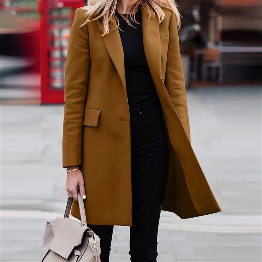 Eleri Wool Blend Coat in brown - worn by a model outdoors