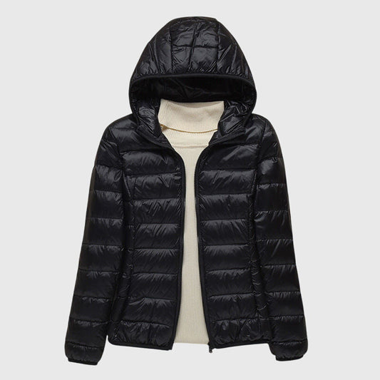 Ella Short Quilted Puffer Jacket in Black - flat product shot