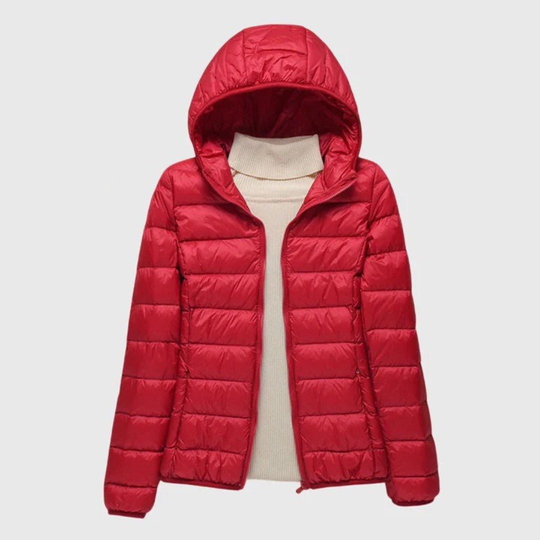Ella Short Quilted Puffer Jacket in red - flat product shot