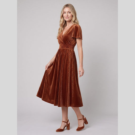 Emeraude Ribbed Velvet Midi Dress in Caramel - front view