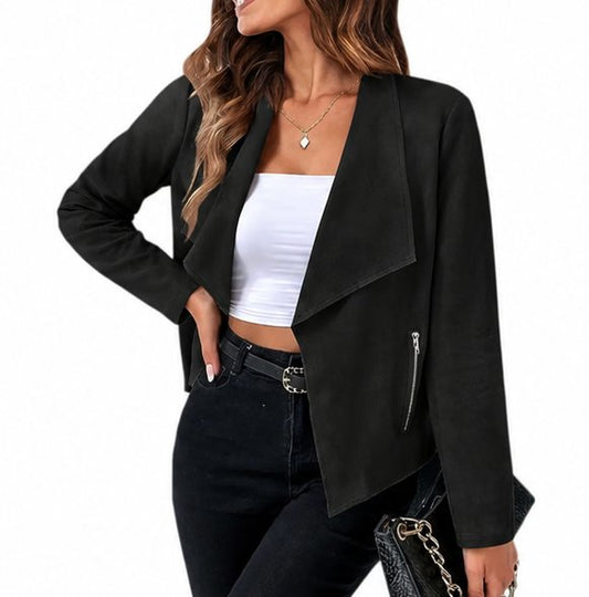 Fiorella Faux Suede Coat in Black - worn by a model, front view