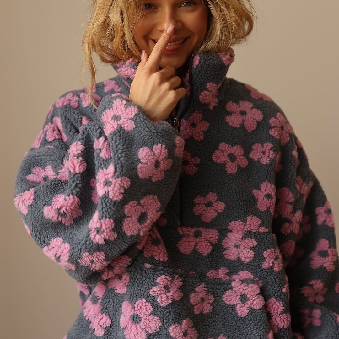 Floral Teddy Fleece Half-Zip in pink - worn by a model, front view