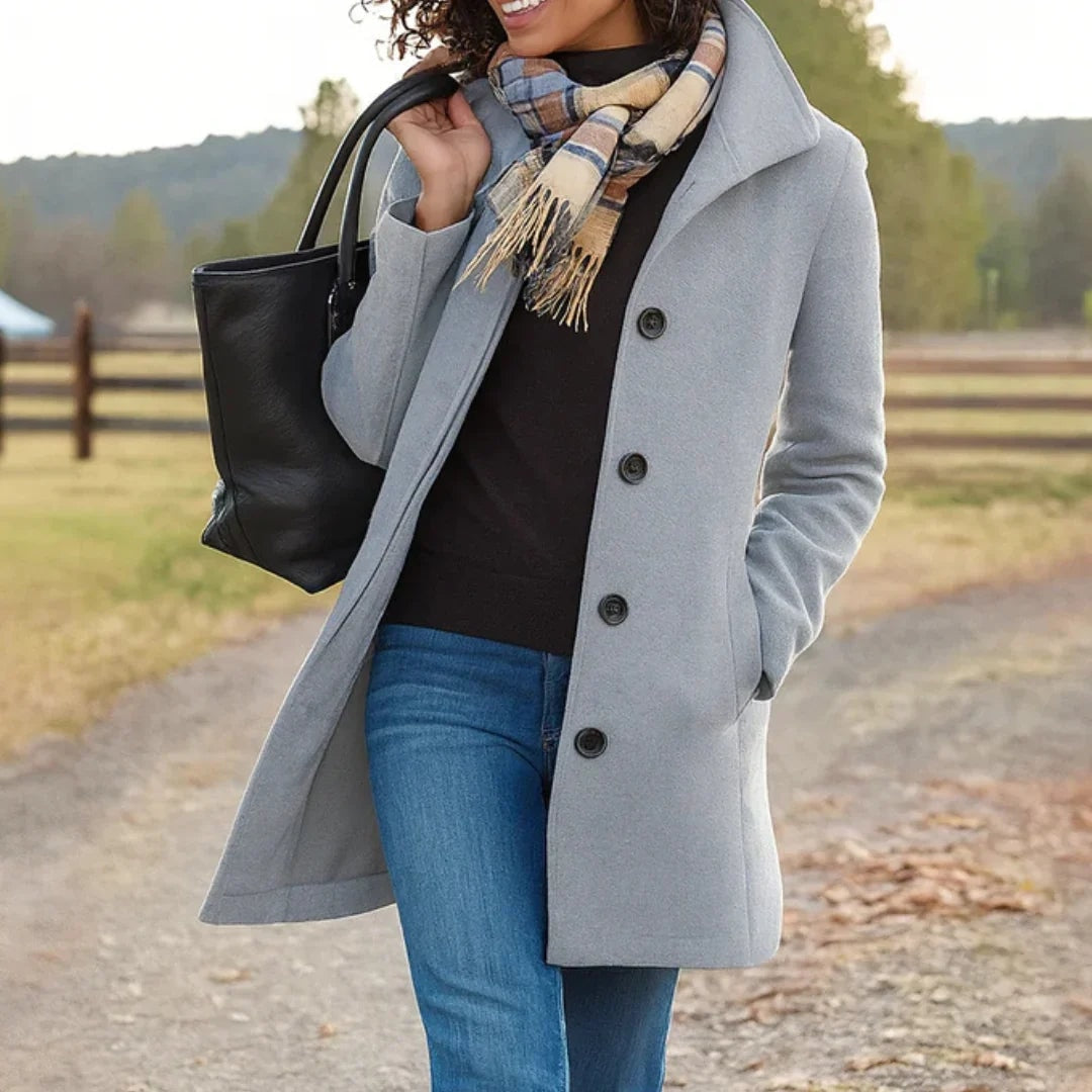 Heledd Longline Wool Blend Coat in silver - worn by a model outdoors
