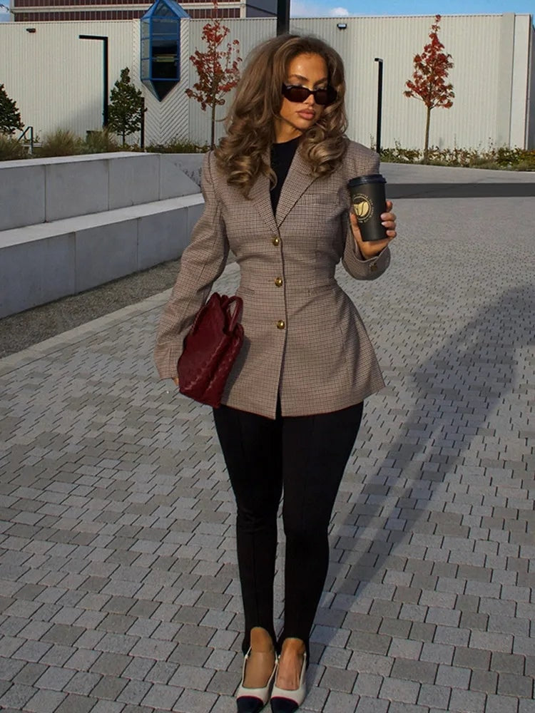 Houndstooth Tailored Coat in beige - worn by a model outdoors