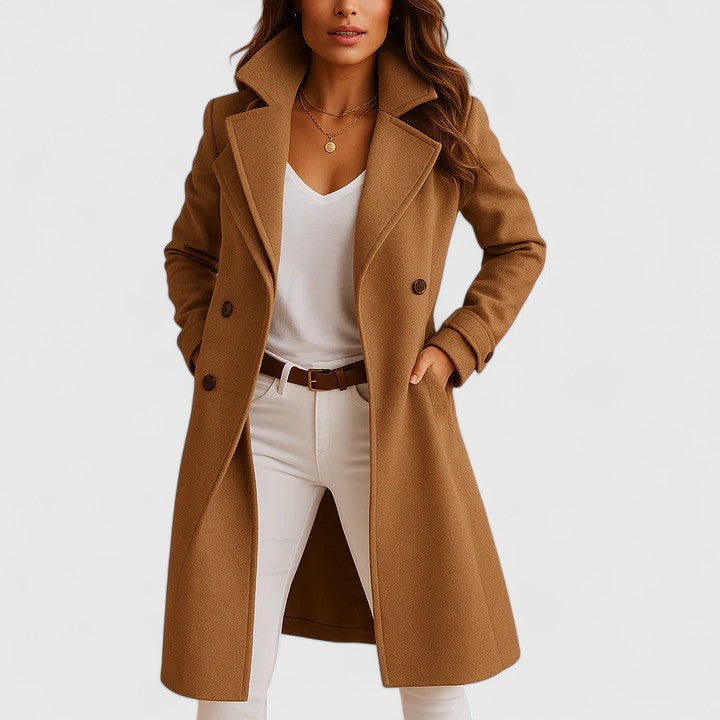 Isabell Classic Coat in caramel - worn by a model, front view