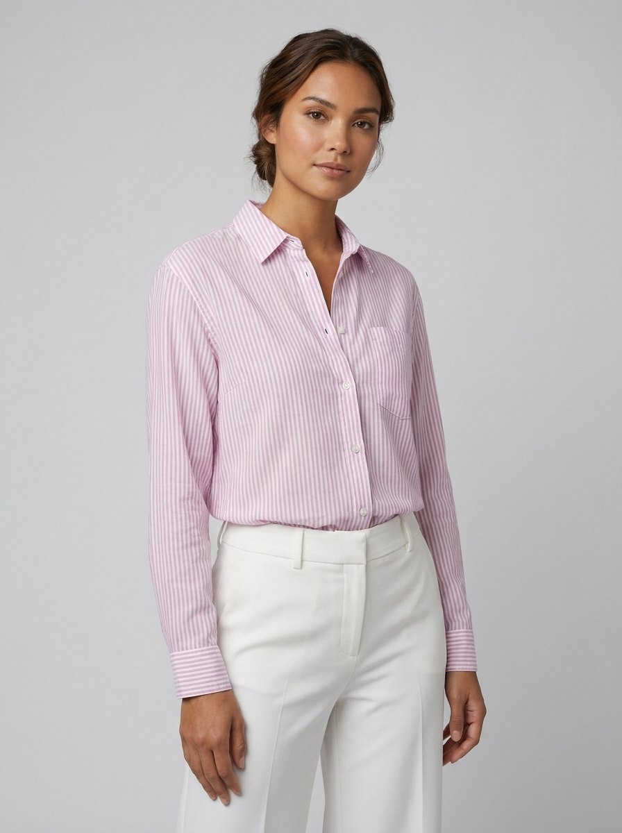 Jade Striped Blouse in pink - worn by a model, front view