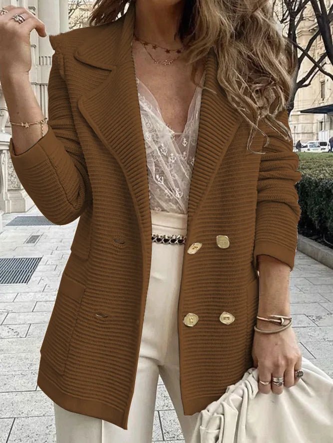 Joyce Textured Knit Top in brown - worn by a model, front view