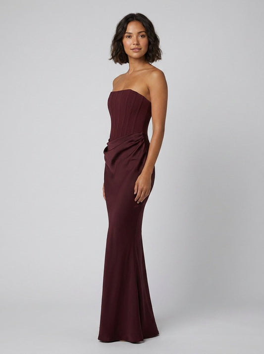 Kailani Corset Bodice Maxi Dress in Burgundy - worn by a model, front view