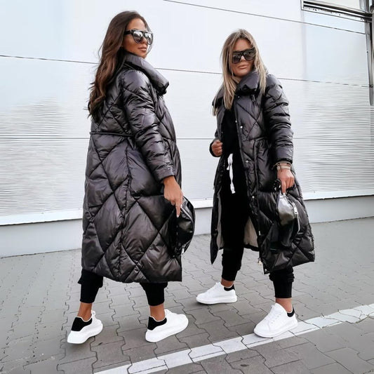 Layla Long Puffer Coat in Black - worn by a model outdoors
