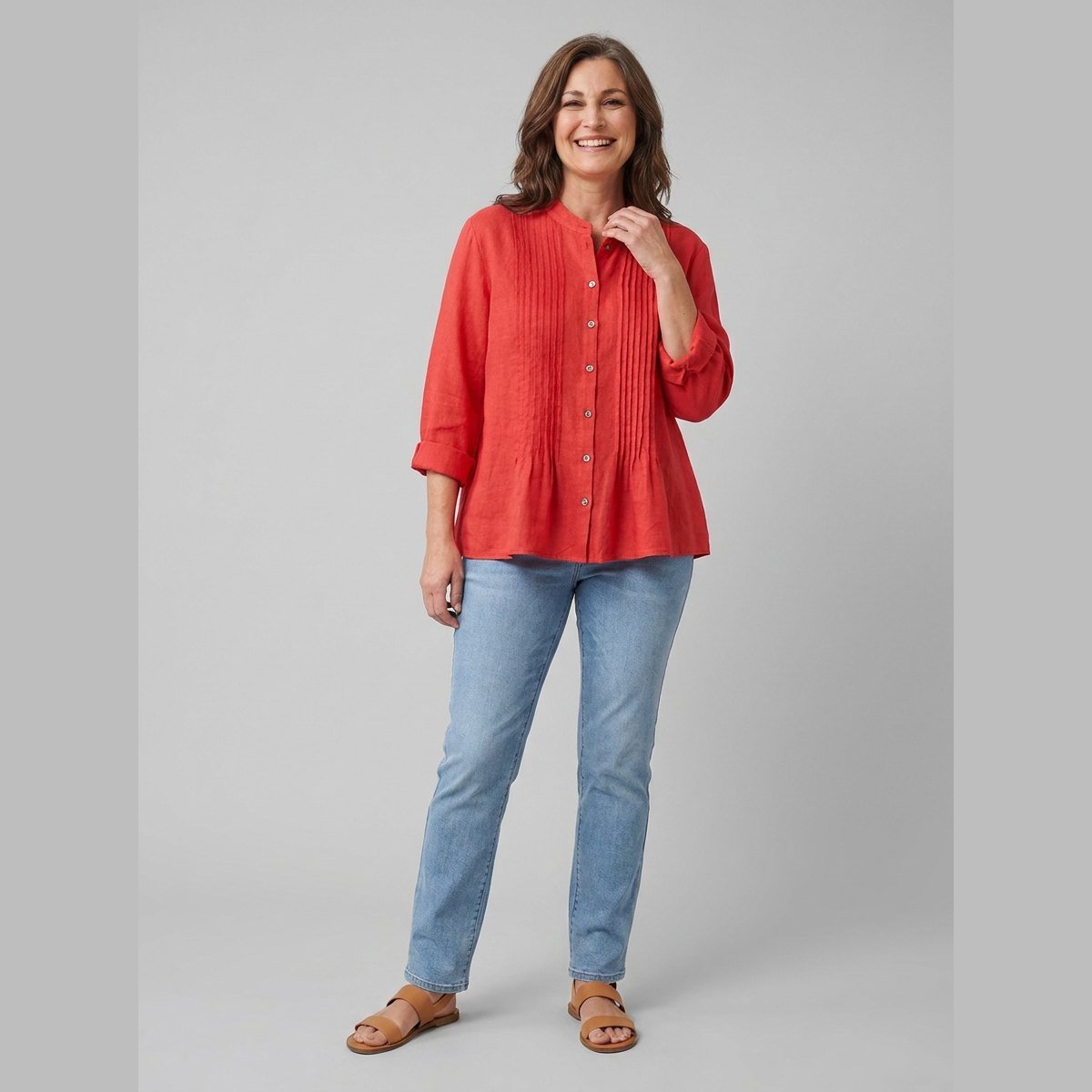 Lina Organic Linen Tunic in red - worn by a model, front view
