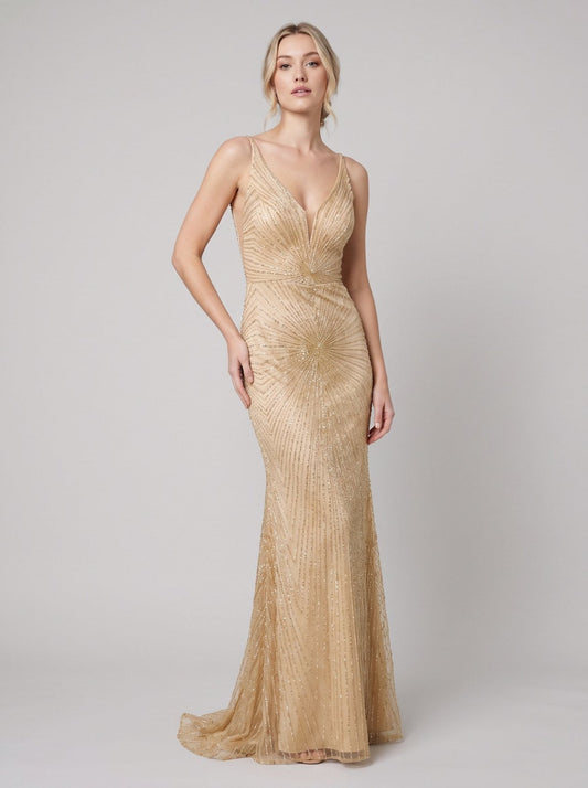 Liora Beaded Champagne Evening Gown in Champagne - worn by a model, front view