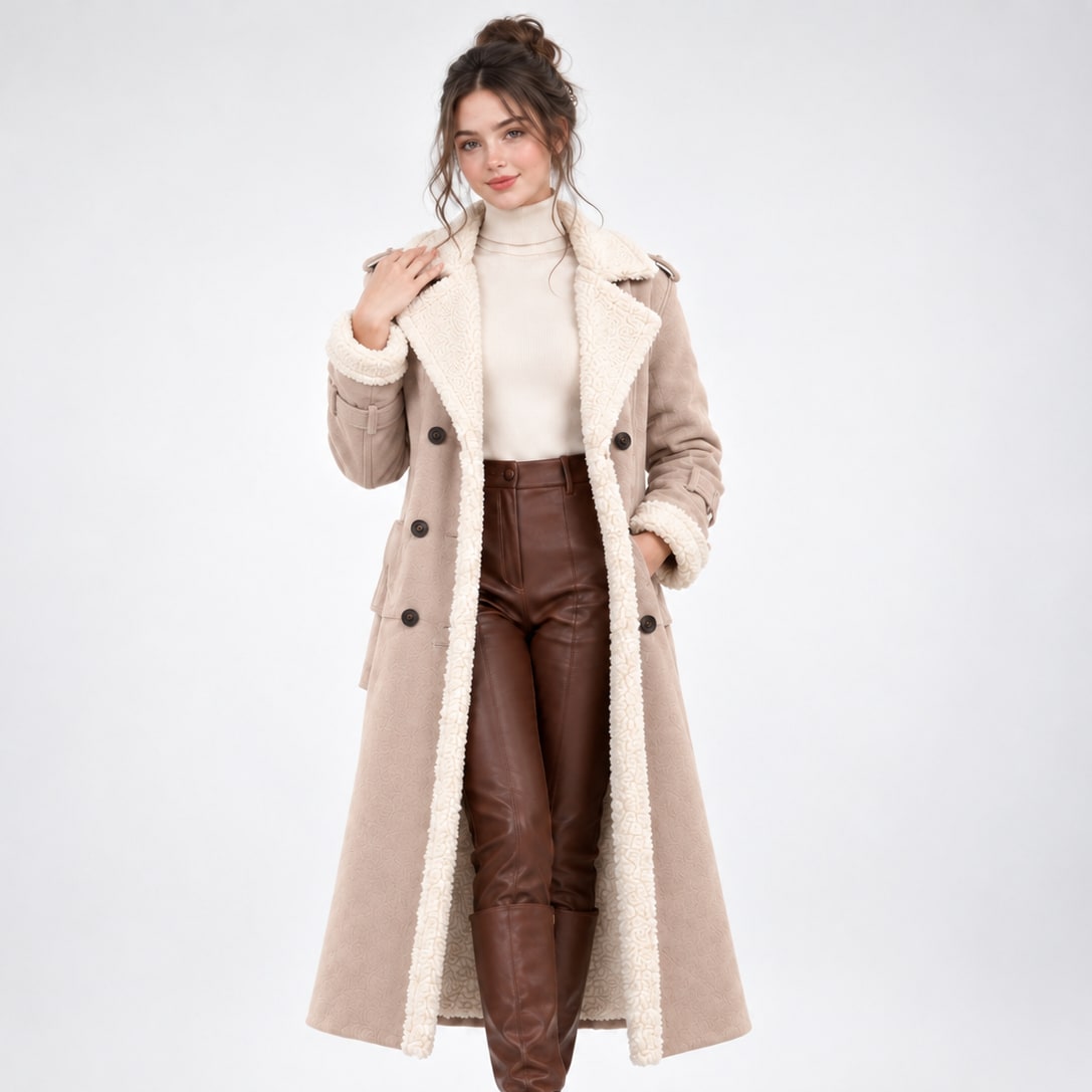 Winter Coat Long, Faux Shearling Trim Double Breasted Coat 3