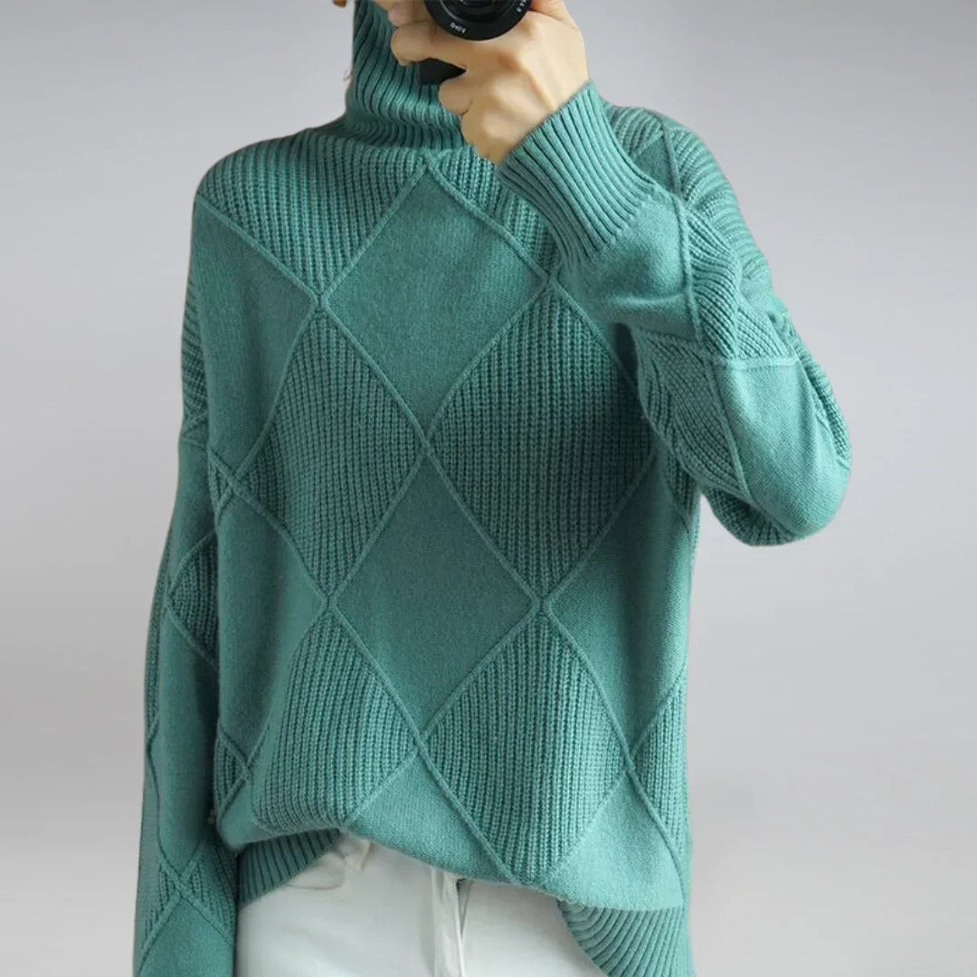 Lydia Luxury Cashmere Blend Turtleneck in teal - worn by a model, front view