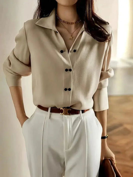 Marisol Blouse in Beige - worn by a model, front view