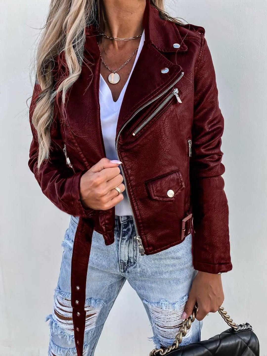 Maxine Classic Leather Jacket in red - worn by a model, front view