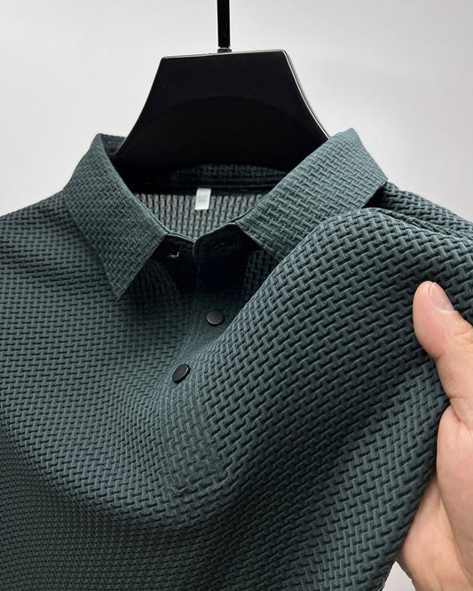 Green breathable textured knit men polo shirt 2