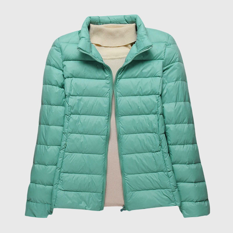 Mia Lightweight Quilted Puffer Jacket in turquoise - flat product shot with the stand collar