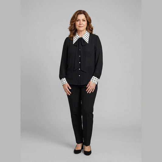 Mira Bow Blouse in Black - worn by a model, front view