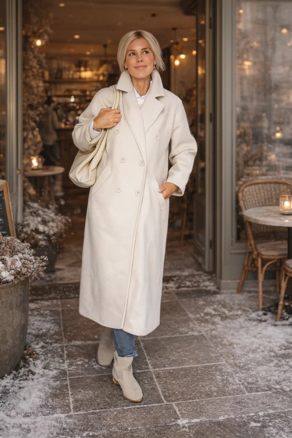 Nancy Coat in ecru - worn by a model outdoors