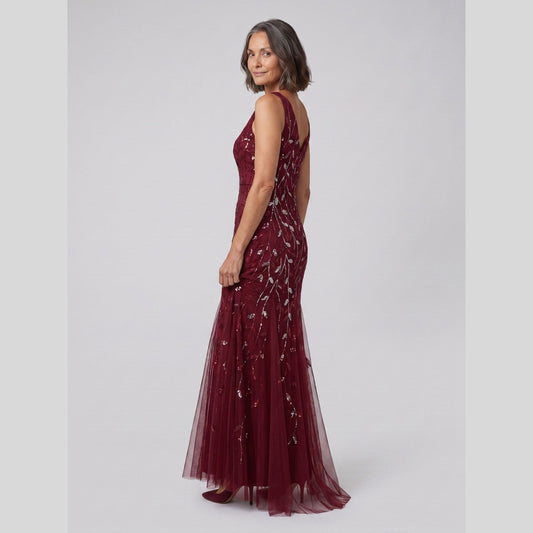 Oriana Sequin Fishtail Gown in Burgundy - front view