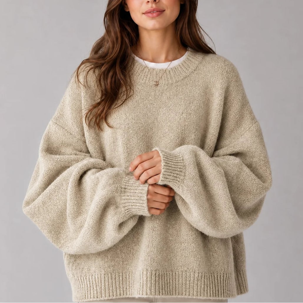 Oversized Balloon Sleeve Sweater with Crew Neck 4