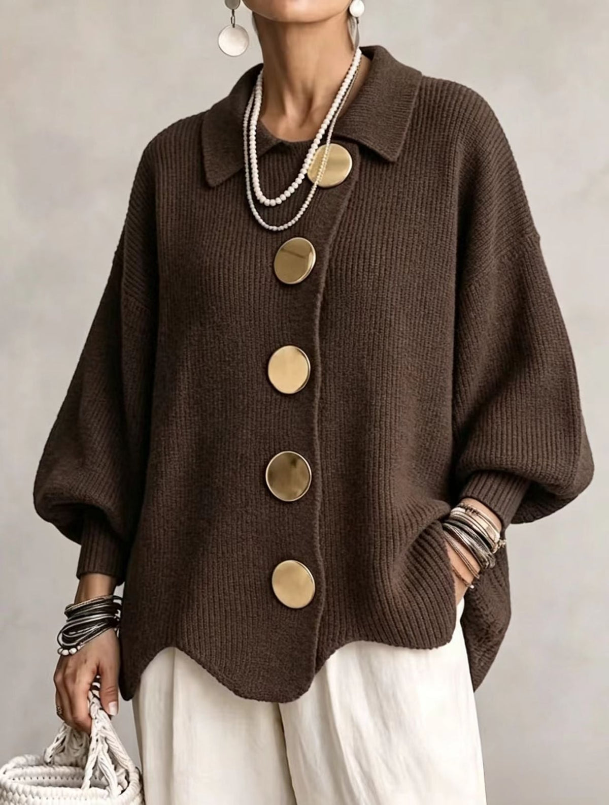 Brown oversized cardigan with gold buttons 10