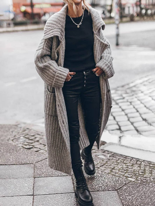 Longline Rib-Knit Lapel Cardigan in Grey - worn by a model outdoors