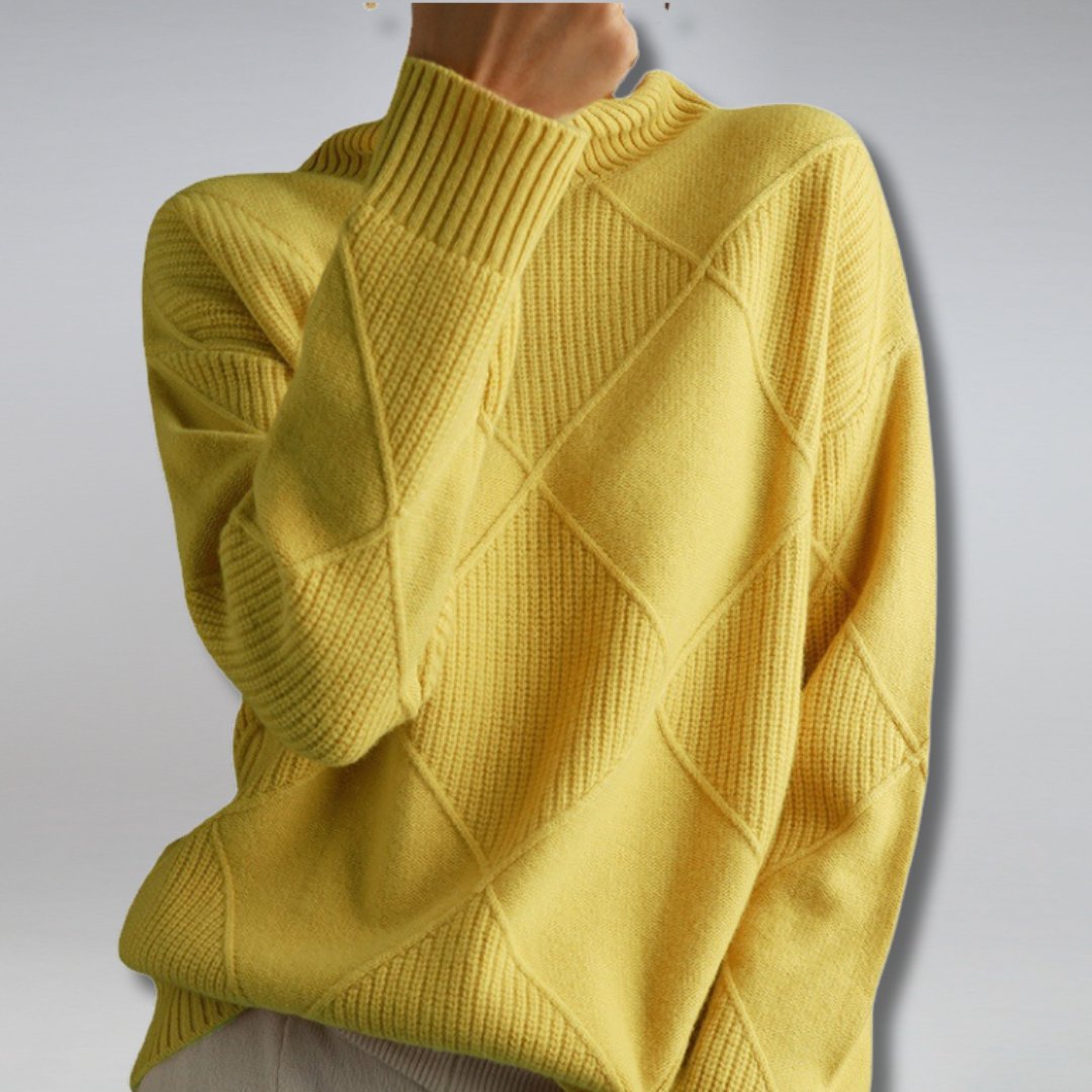 Penelope Cashmere Blend Turtleneck Sweater in yellow - worn by a model, front view