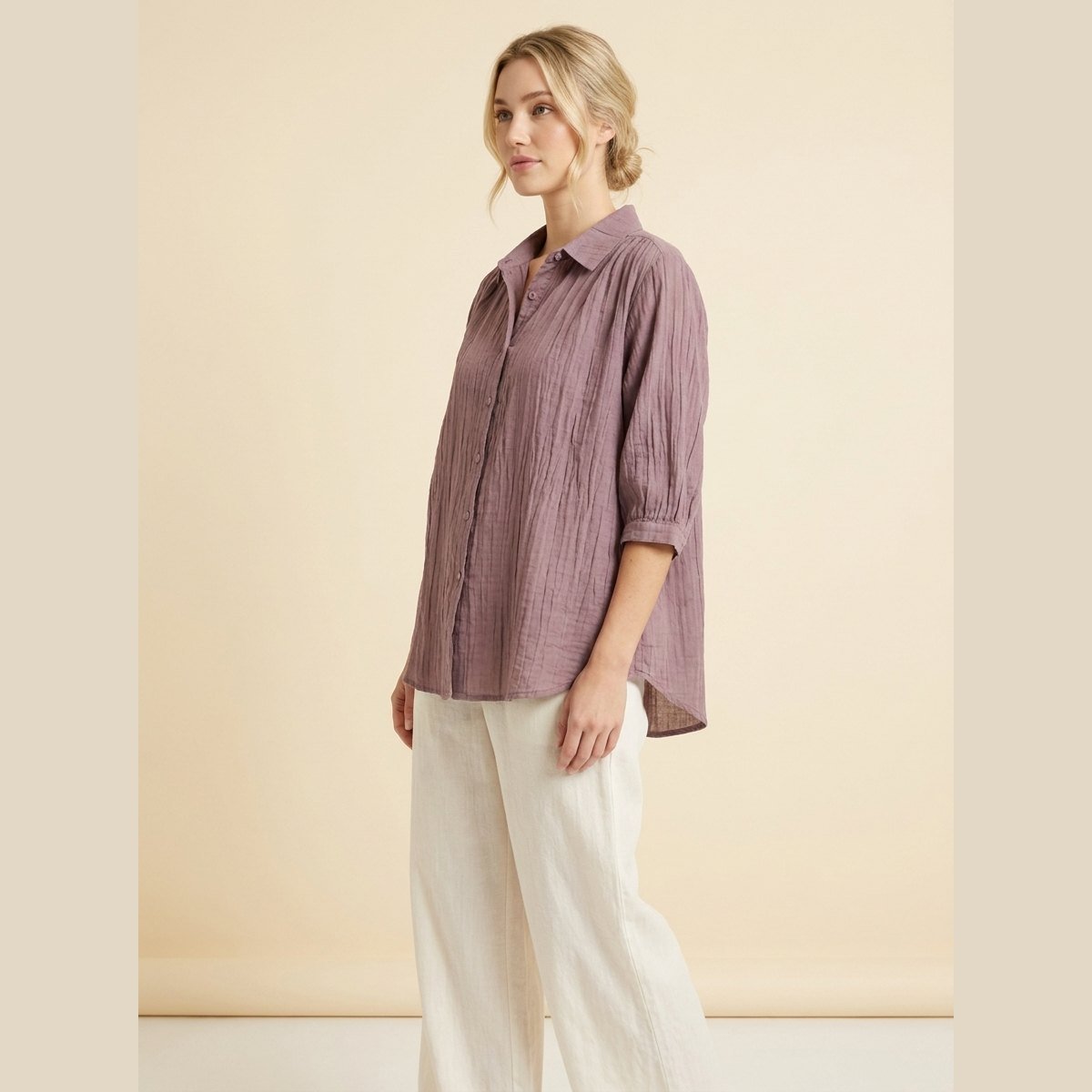 Pinky Oversized Cotton Shirt in purple - worn by a model, front view