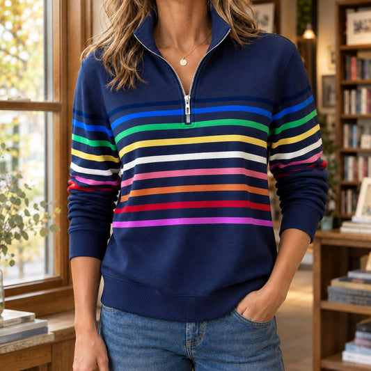 Quarter Zip Sweater with Rainbow Stripes, Relaxed Pullover 3