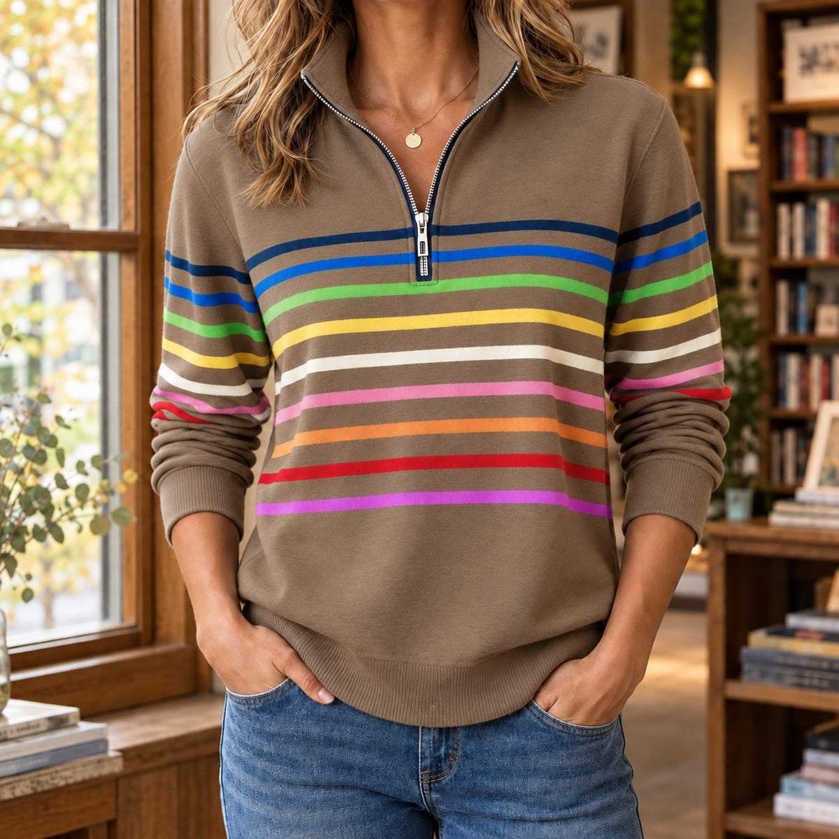 Quarter Zip Sweater with Rainbow Stripes, Relaxed Pullover 6