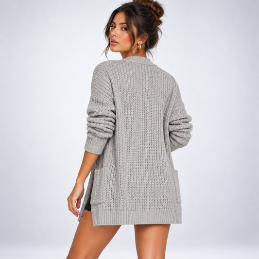 Long Open Front Cardigan with Pockets, Textured Knit 2