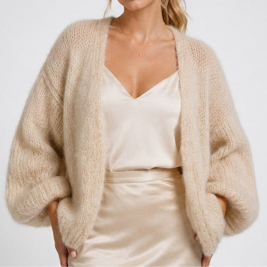 Open Front Knit Cardigan with Balloon Sleeves, Relaxed Fit 3