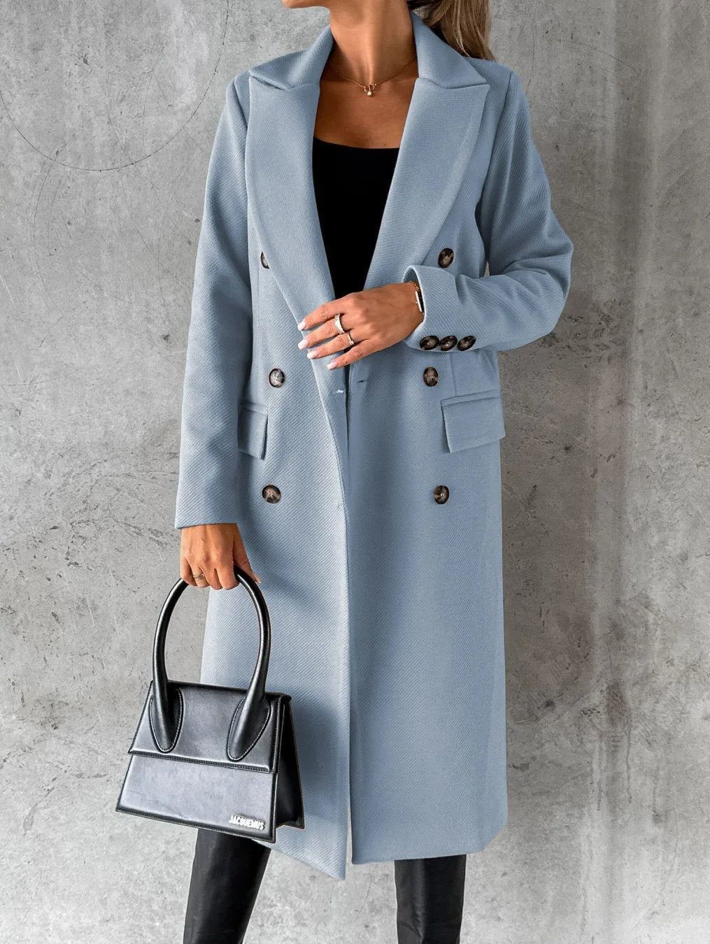 Sibilla Longline Wool Pea Coat in light blue - worn by a model, front view