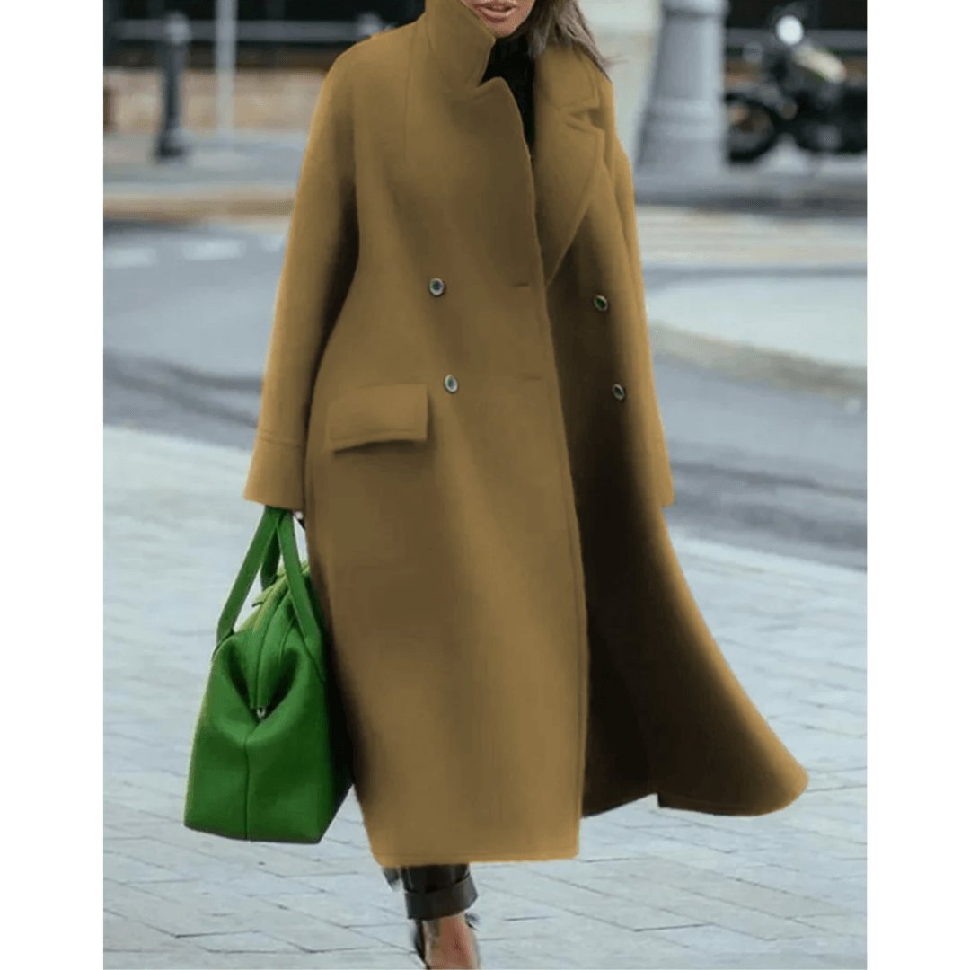 Stand Collar Maxi Wool Coat in green - worn by a model, front view